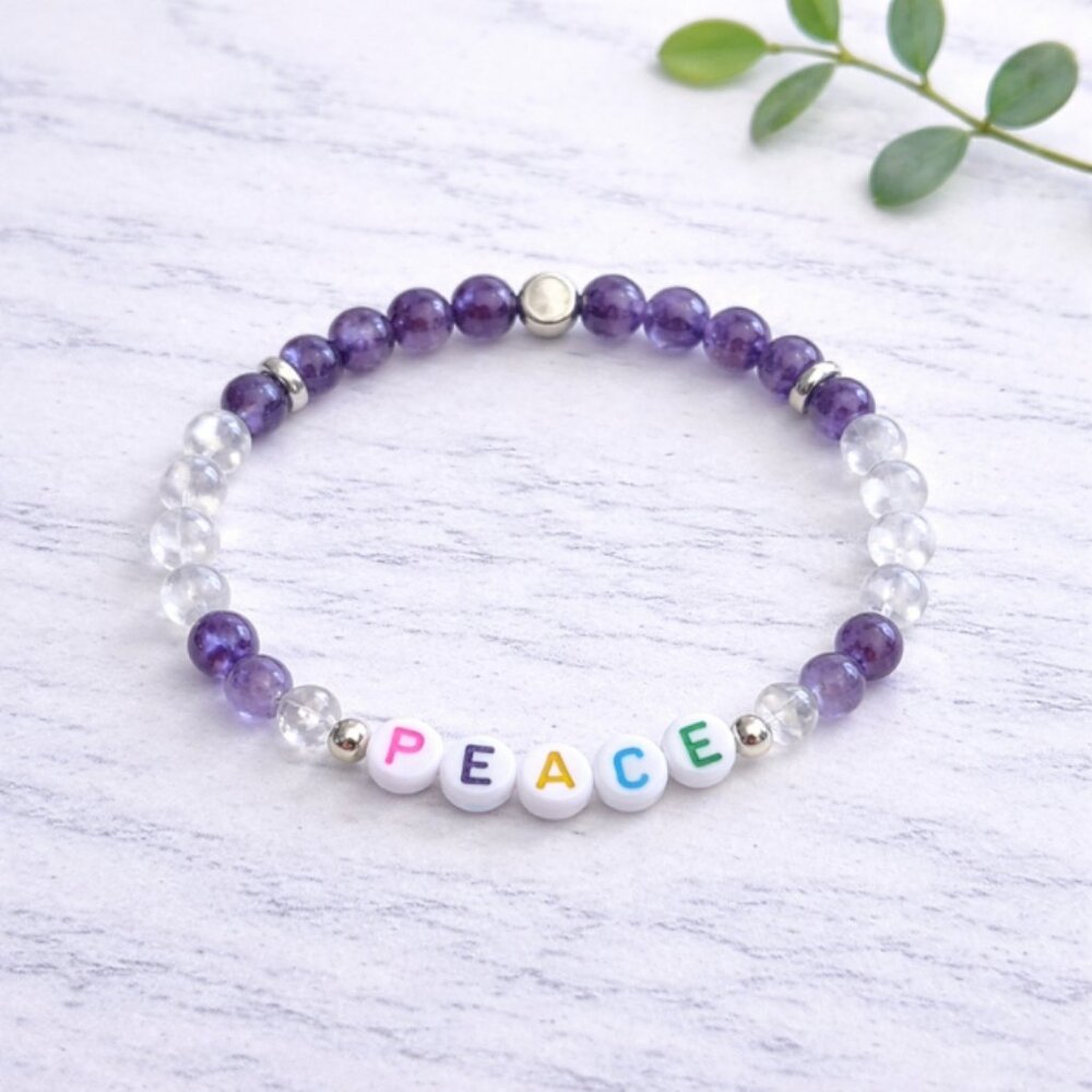PEACE Clear Quartz and Amethyst Crystal Bracelet 6mm Beads Jewelry Gift Ready